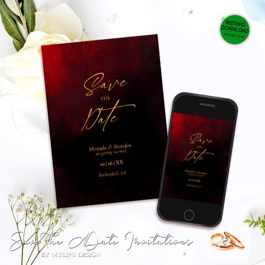 Elegant Goud Zwart en Rood Bruiloft Save The Date