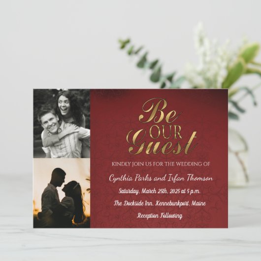 Elegant Goud Zwart en Rood Custom 2 foto's Huwelij Kaart (Staand voorkant)
