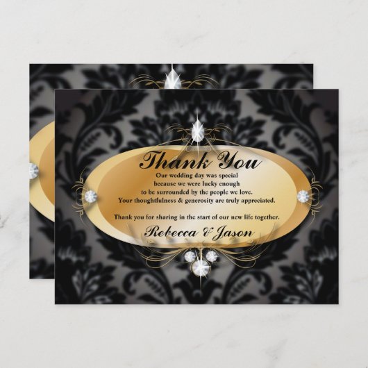 Elegant Goud zwart formele damask Bruiloft dank u Briefkaart (Voorkant / Achterkant)