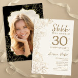 Elegant Goud Zwart Foto Verrassing 30e Verjaardag Kaart<br><div class="desc">Elegante gouden crème en zwarte verrassing 30e verjaardag feestuitnodiging met uw foto op de achterkant van de kaart. Trendy modern vrouwelijk ontwerp heeft botanische accenten en typografie script lettertype. Eenvoudige bloemenuitnodigingskaart perfect voor een stijlvol vrouw verrassen dagviering. Kan worden aangepast aan elke leeftijd. Gedrukte Zazzle-uitnodigingen of direct download digitale afdrukbare...</div>