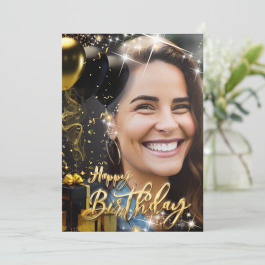 Elegant Goud Zwart Gelukkig Verjaardag Viering Feestdagenkaart (Staand voorkant)