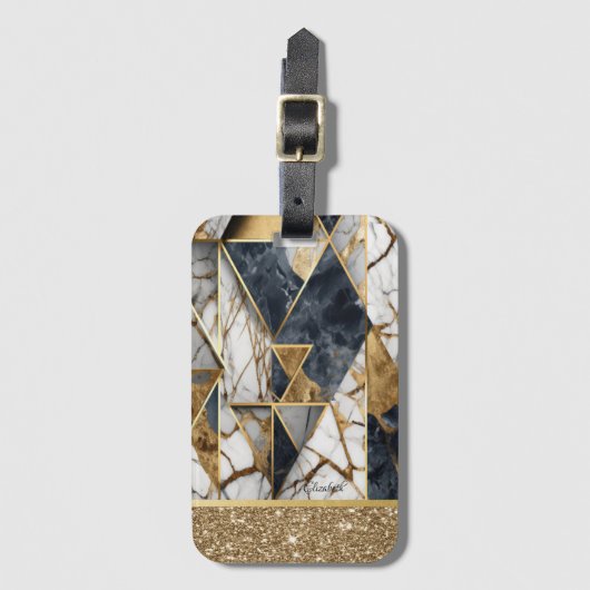 Elegant Goud Zwart Geometrisch Marmer Glitter Bagagelabel (Voorkant (verticaal))