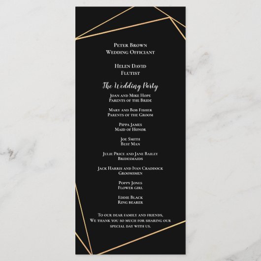 Elegant Goud & Zwart Geometrische Lijnen Bruiloft Programmakaart (Achterkant)