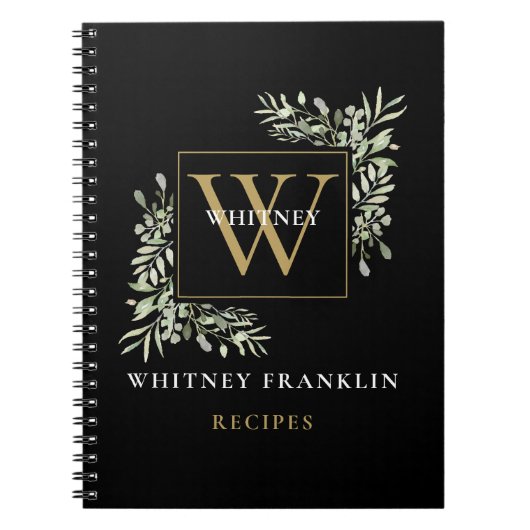 Elegant Goud Zwart Groene Monogram Recept Notitieboek (Voorkant)