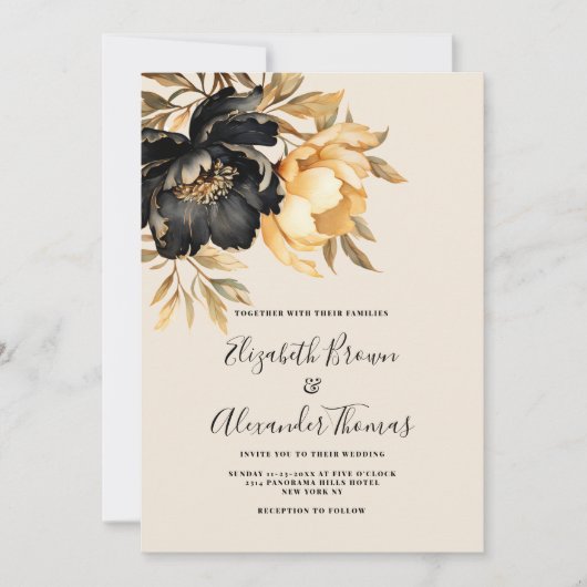 Elegant goud zwart ivoor munt pioen bloemenbruilof kaart (Voorkant)
