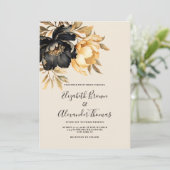 Elegant goud zwart ivoor munt pioen bloemenbruilof kaart (Staand voorkant)
