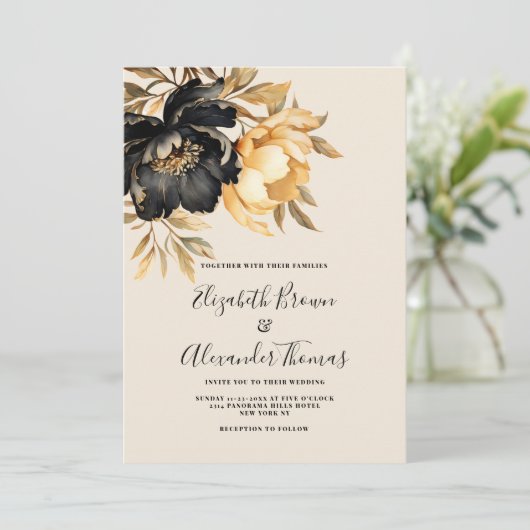 Elegant goud zwart ivoor munt pioen bloemenbruilof kaart (Staand voorkant)