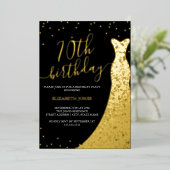 Elegant Goud Zwart Kalligrafie Jurk 70e Verjaardag Folie Uitnodiging (Staand Voorkant)