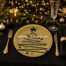 Elegant Goud Zwart Kerstmis Gelukkig Nieuwjaar Papieren Bordje