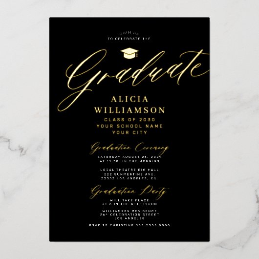 Elegant goud zwart klassiek script foto afstuderen folie uitnodiging (Voorkant)