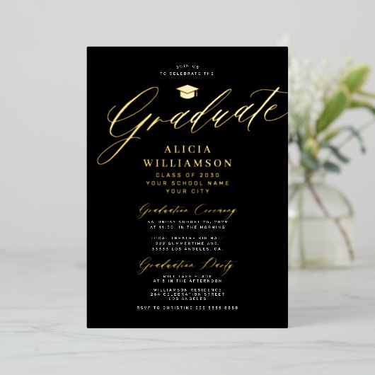 Elegant goud zwart klassiek script foto afstuderen folie uitnodiging (Staand Voorkant)