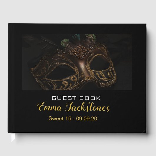 Elegant Goud & Zwart Masker Maskerade Sweet 16 Gastenboek (Voorkant)