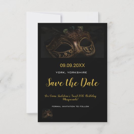 Elegant Goud Zwart Maskerade Masker Thema Sweet 16 Save The Date (Voorkant)