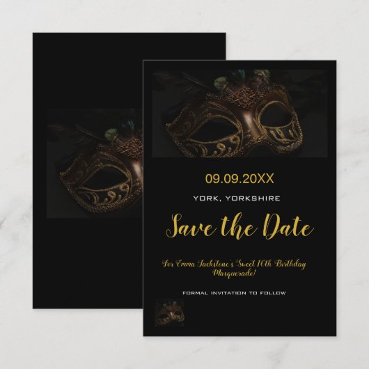 Elegant Goud Zwart Maskerade Masker Thema Sweet 16 Save The Date (Voorkant / Achterkant)