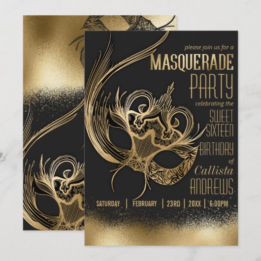 Elegant Goud Zwart Masquerade Masker Sweet Sixteen Kaart (Voorkant / Achterkant)