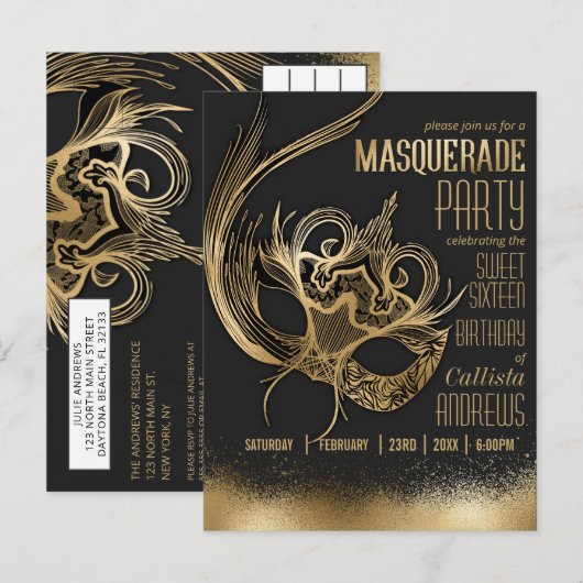Elegant Goud Zwart Masquerade Masker Sweet Sixteen Uitnodiging Briefkaart (Voorkant / Achterkant)