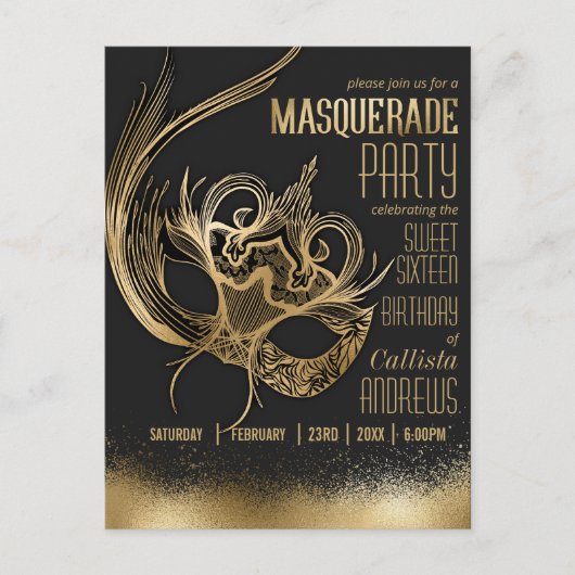 Elegant Goud Zwart Masquerade Masker Sweet Sixteen Uitnodiging Briefkaart (Voorkant)
