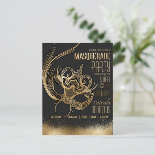Elegant Goud Zwart Masquerade Masker Sweet Sixteen Uitnodiging Briefkaart (Staand voorkant)