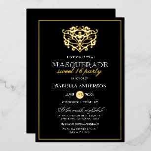 Elegant goud & zwart masquerade Sweet 16-feest Folie Uitnodiging