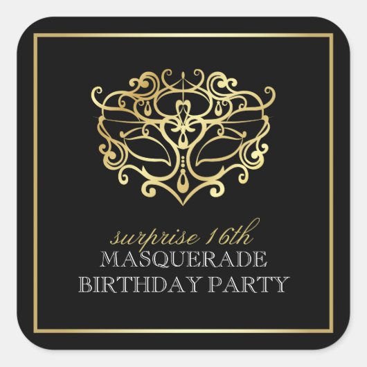 Elegant Goud & Zwart Masquerade Verrassingsfeest Vierkante Sticker (Voorkant)