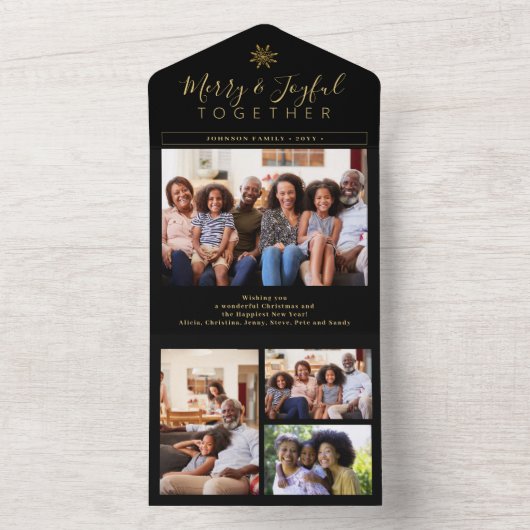 Elegant goud zwart minimale fotocollage vakantie all in one uitnodiging (Binnen)