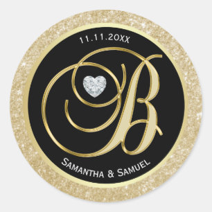 Elegant Goud Zwart Monogram Diamant Hart Bruiloft Ronde Sticker
