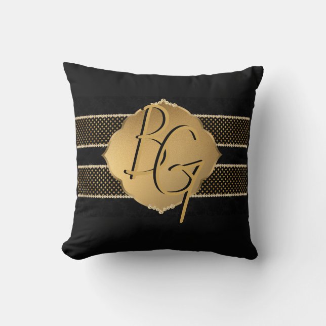 Elegant Goud Zwart Monogram Ontwerp Kussen (Voorkant)