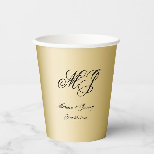 Elegant Goud Zwart Monogram Script Bruiloft Papieren Bekers (Voorkant)