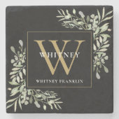 Elegant Goud Zwart Monogram Waterverf Greenery St Stenen Onderzetter (Voorkant)