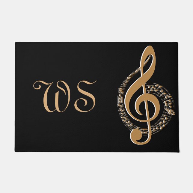 Elegant Goud Zwart Muzieknoot Monogrammed Deurmat (Voorkant)