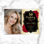 Elegant Goud Zwart Rood Rozen Foto 50e Verjaardag Kaart<br><div class="desc">Elegante bloemenvrouwelijke 50e verjaardagsuitnodiging met uw foto. Glam ontwerp met faux goud. Beschikt over rode rozen,  script lettertype en confetti. Perfect voor een stijlvol volwassen feestje. Personaliseer met je eigen gegevens. Kan voor om het even welke leeftijd worden aangepast! Gedrukte Zazzle-uitnodigingen of direct download digitale afdrukbare sjabloon.</div>