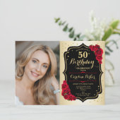Elegant Goud Zwart Rood Rozen Foto 50e Verjaardag Kaart (Staand voorkant)