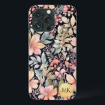 Elegant Goud Zwart Roze Bloemen Waterverf Monogram Case-Mate iPhone Case<br><div class="desc">Verhoog de stijl van uw telefoon met onze Elegant Goud Zwart Roze Bloemen Waterverf Monogram Telefoon Case. Dit prachtige ontwerp toont delicate wilde bloemen, bessen en varens in rustgevende pasteltinten van beige, perzikkleurig roze, rood en blauwgroen groen op een donkerzwarte achtergrond. Het is de perfecte accessoire voor het verfijnde en...</div>