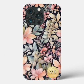 Elegant Goud Zwart Roze Bloemen Waterverf Monogram Case-Mate iPhone Case
