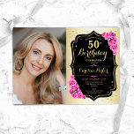 Elegant Goud Zwart Roze Rozen Foto 50e Verjaardag Kaart<br><div class="desc">Elegante bloemenvrouwelijke 50e verjaardagsuitnodiging met uw foto. Glam ontwerp met faux goud. Beschikt over roze rozen,  script lettertype en confetti. Perfect voor een stijlvol volwassen feestje. Personaliseer met je eigen gegevens. Kan voor om het even welke leeftijd worden aangepast! Gedrukte Zazzle-uitnodigingen of direct download digitale afdrukbare sjabloon.</div>