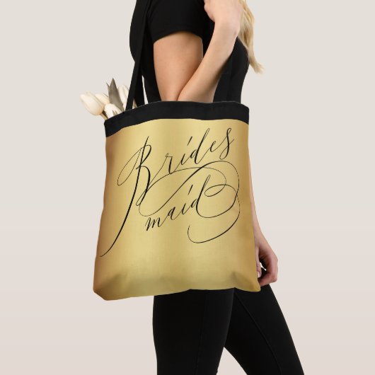 Elegant Goud Zwart Script Bruidsmeisje Tote Bag (Dichtbij)