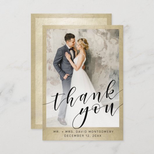 Elegant Goud Zwart Script Bruiloft Foto Dank u Bedankkaart (Voorkant / Achterkant)
