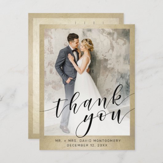 Elegant Goud Zwart Script Bruiloft Foto Dank u Briefkaart (Voorkant / Achterkant)