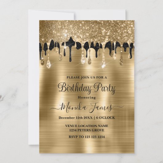 Elegant Goud Zwart Sparkle Glitter Drips Verjaarda Kaart (Voorkant)