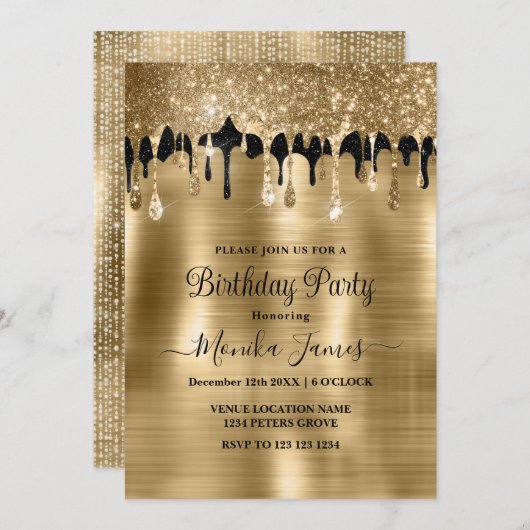 Elegant Goud Zwart Sparkle Glitter Drips Verjaarda Kaart (Voorkant / Achterkant)