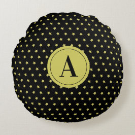 Elegant Goud & Zwart Sterpatroon Monogram Rond Kussen