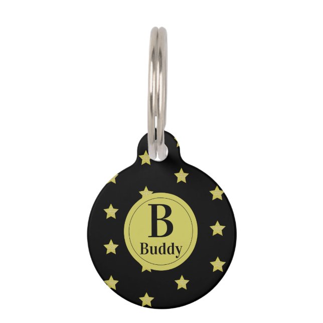 Elegant goud & zwart sterrenpatroon met monogram huisdierpenning (Voorkant)