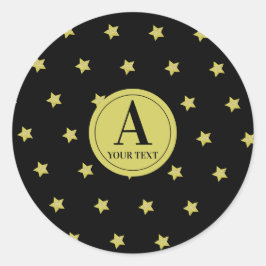 Elegant goud & zwart sterrenpatroon monogram ronde sticker