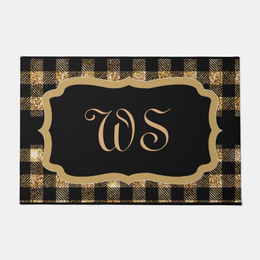 Elegant Goud Zwart Tartan Plaid Monogrammed Deurmat (Voorkant)