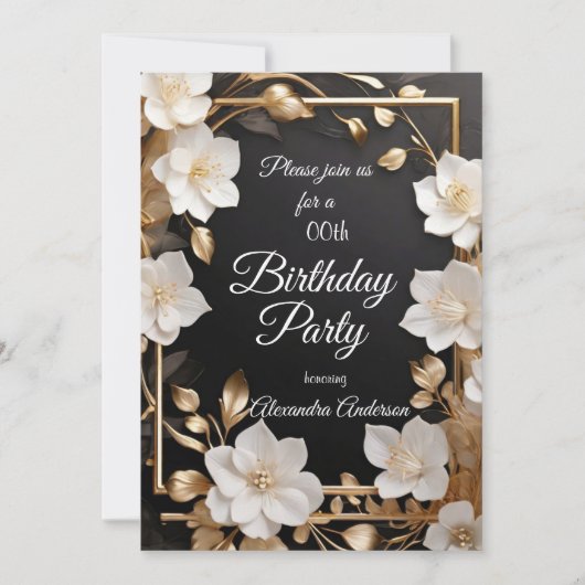 Elegant Goud Zwart Wit Bloemen Verjaardagsfeest Kaart (Voorkant)