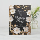 Elegant Goud Zwart Wit Bloemen Verjaardagsfeest Kaart (Staand voorkant)