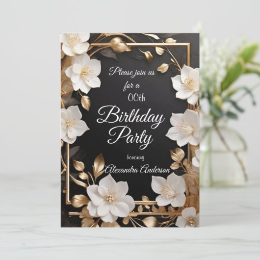 Elegant Goud Zwart Wit Bloemen Verjaardagsfeest Kaart (Staand voorkant)