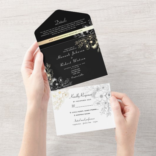  Elegant Goud Zwart-Wit Bruiloft All In One Uitnodiging (Afscheurbaar)