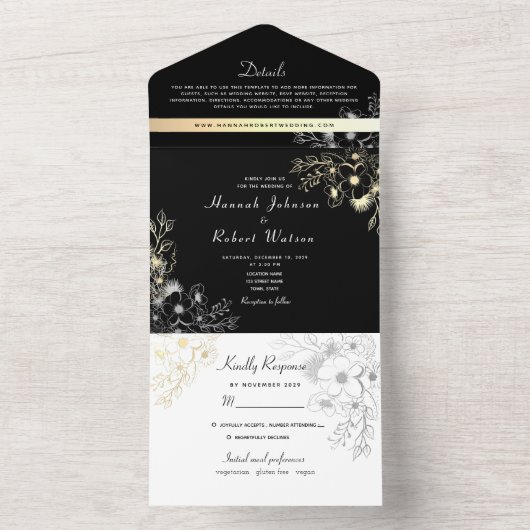  Elegant Goud Zwart-Wit Bruiloft All In One Uitnodiging (Binnen)