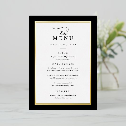 Elegant Goud Zwart-Wit Bruiloft Folie Menu's Folie Uitnodiging (Staand Voorkant)